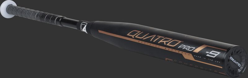 3/4 view of a black FPQP9 fastpitch Quatro Pro bat with rose gold accents