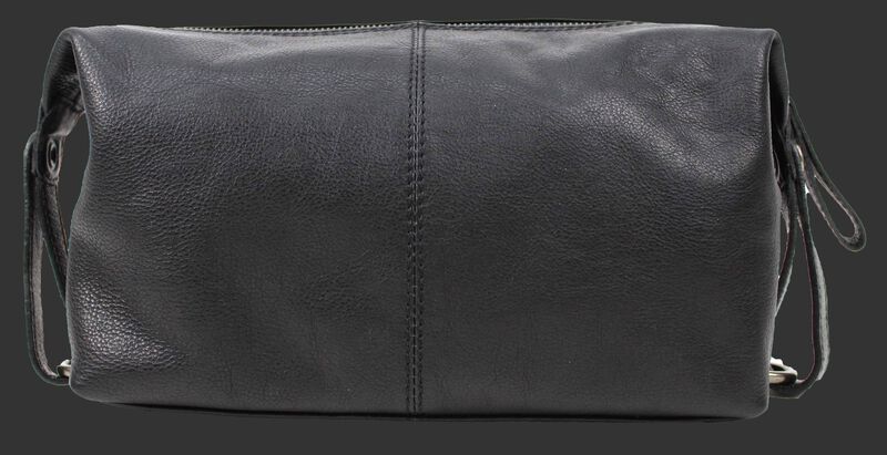 Back of a black Rawlings Rugged leather travel kit with straps on both sides - V625-001