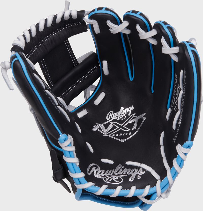 Black palm of a Rawlings NXT Series infield glove with white laces and silver stamping