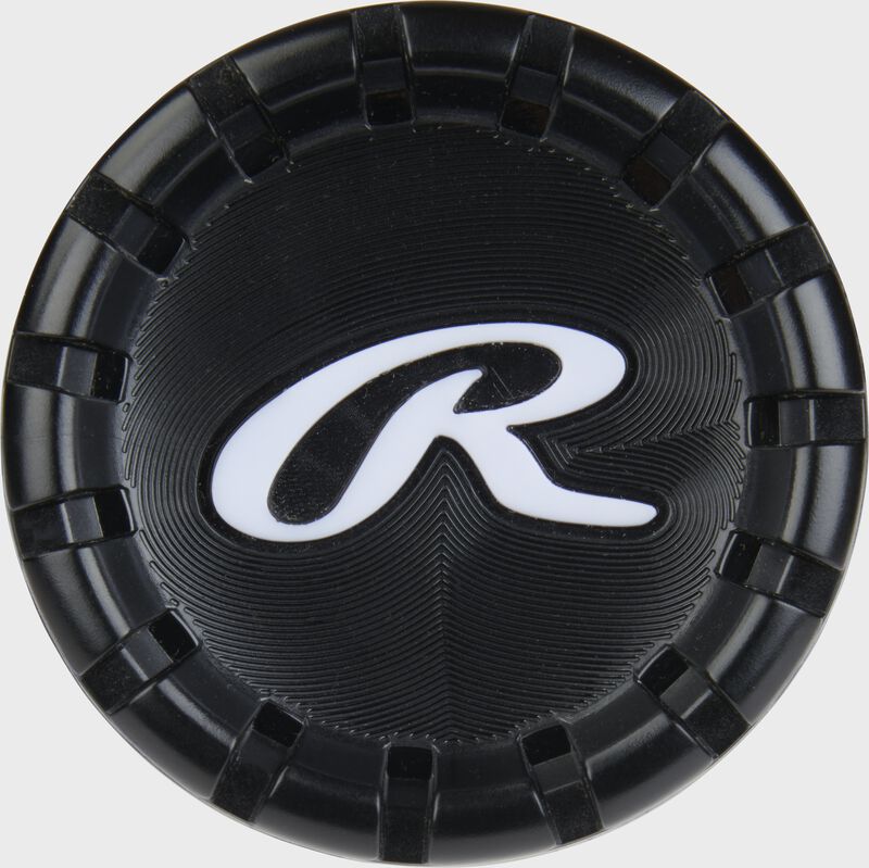 Black end cap of a Rawlings 5150 BBCOR bat with a white "R" logo - SKU: RBB353