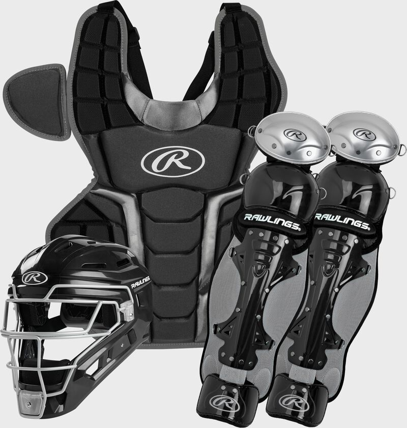 A black 2022 Renegade 2.0 catcher's gear set with a helmet, chest protector and leg guards - SKU: R2CSA-B/SIL loading=
