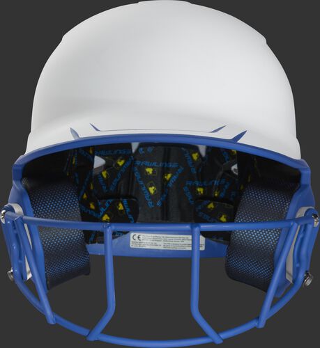 Front of a white/royal Mach fastpitch softball helmet with a royal mask - SKU: MSB13S-W/R