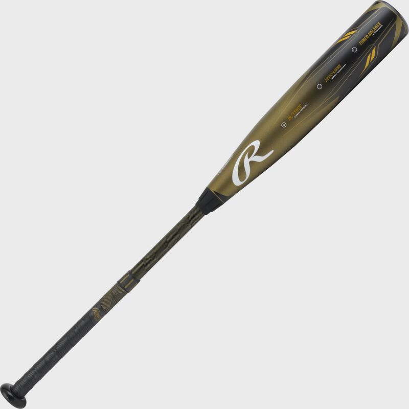 Angled view of the back of the barrel of a gold Icon USSSA -5 bat - SKU: RUT3I5