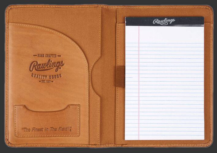 Inside of Rawlings Tan Baseball Stitch Tablet Case With Brand Name, Rawlings Note Pad, and "The Finest In The Field" Card Pocket SKU #MW495-204