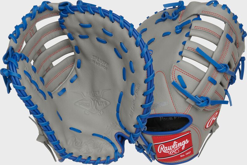 Two images showing the palm & back of a gray Rawlings Freddie Freeman Select Pro Lite First Base Mitt