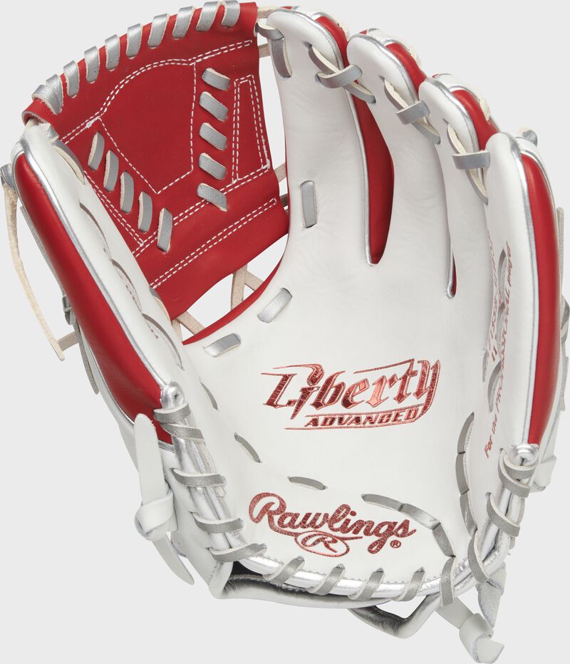 White palm of a Rawlings Liberty Advanced Color Series infield glove with platinum laces and scarlet stamp - SKU: RLA715SB-31WSP loading=