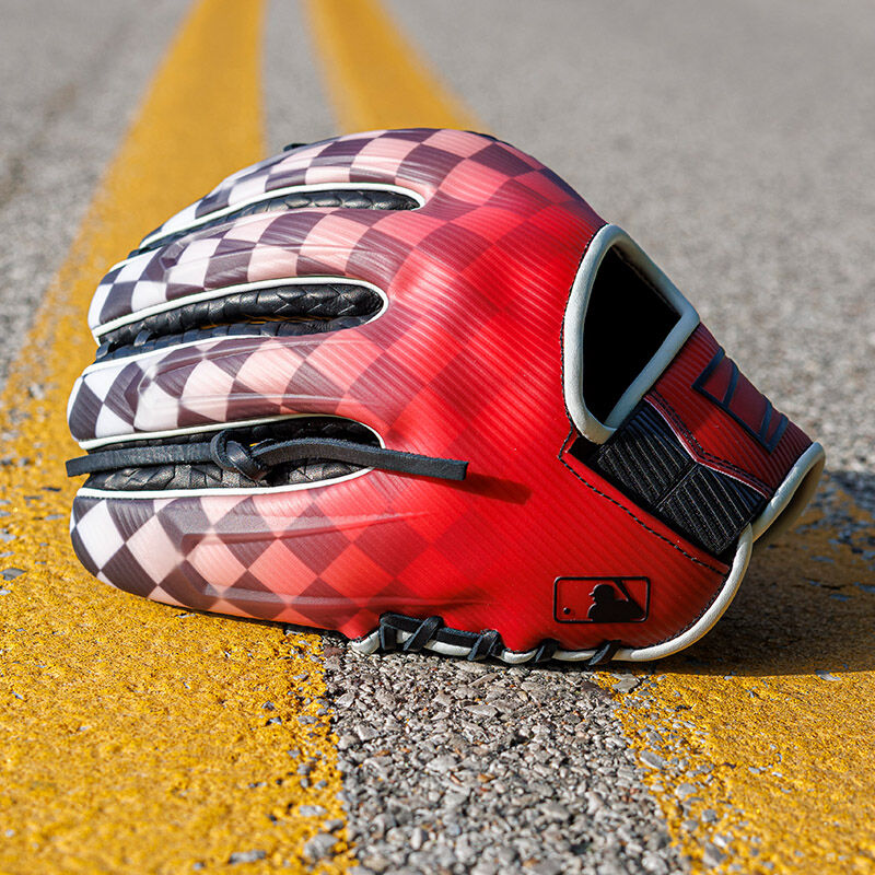 Picture of the back of a REV1X Checkered Flag infield glove on the yellow lines of a road