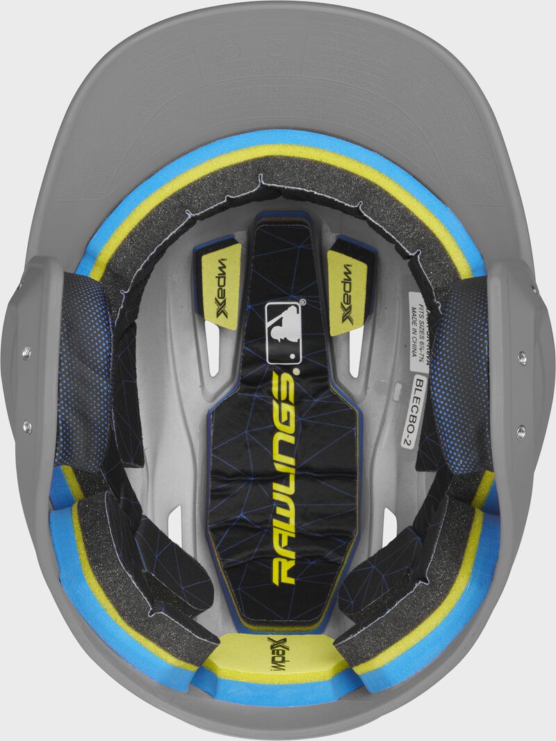 Inside of a Rawlings MACH baseball helmet with IMPAX durable foam padding
