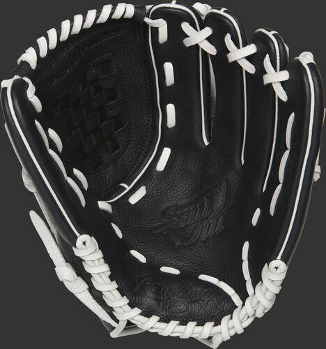RSO120BW Rawlings Shut Out sofball glove with a black palm and white laces