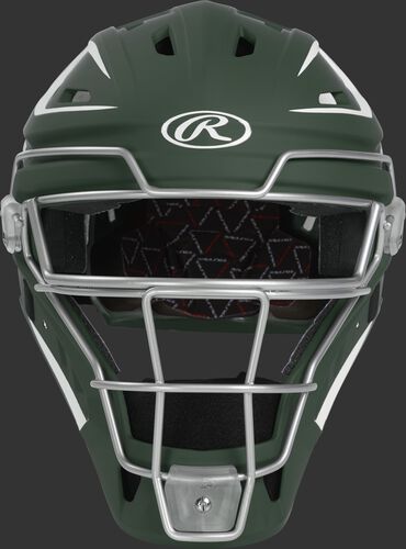 Front of a dark green CHV27J Velo 2.0 hockey-style catcher's helmet