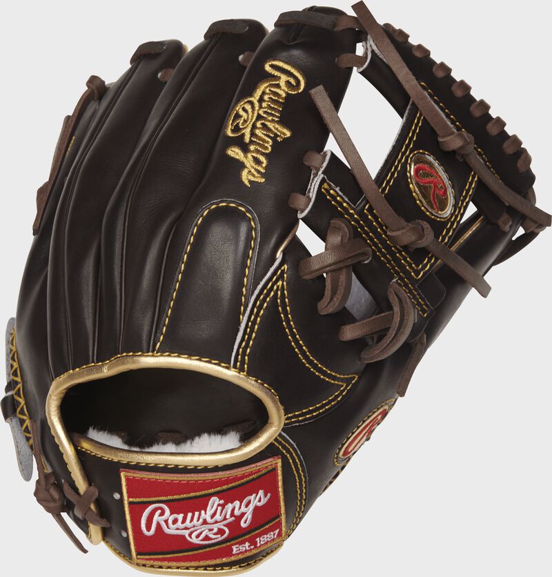 Back view of a RGGNP5-2MO 11.75-inch Gold Glove series infield glove with a mocha back and gold binding
