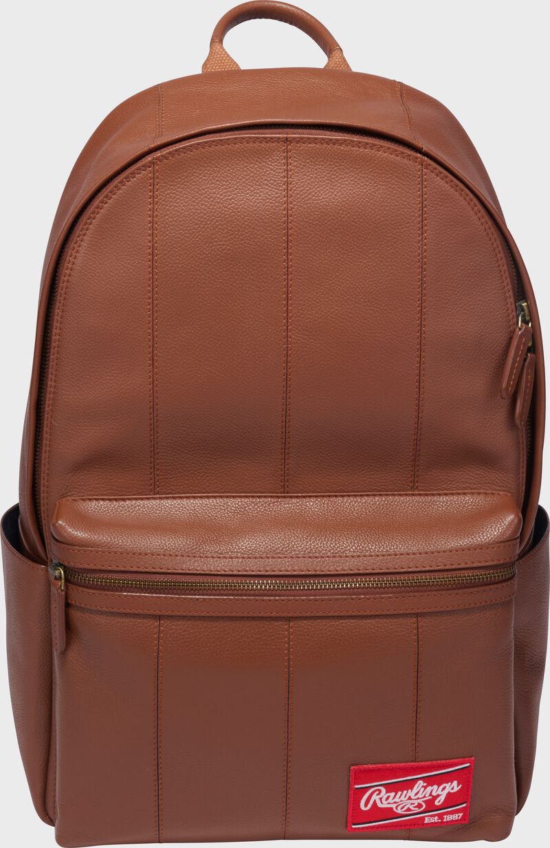 Front of a tan Rawlings Strike Out backpack