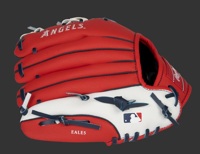 Red back of a LA Angels 10-inch youth glove with the MLB logo on the pinky - SKU: 22000001111