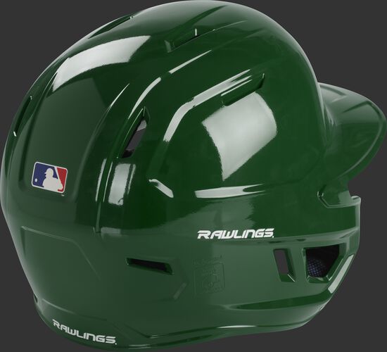 Back right of a dark green MCC01 Rawlings ventilated batting helmet