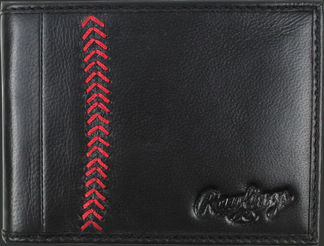 A black MW485-001 Baseball Stitch bi-fold wallet folded close with red stitching on the left and an embossed Rawlings logo