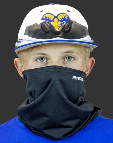 A player wearing a black Rawlings protective neck gaiter over his mouth and nose - SKU: RMSKNG-BLK