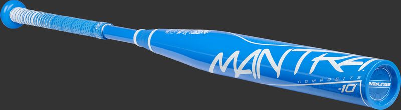 Angled view of a light blue Rawlings Mantra bat with a light blue end cap - SKU: FP1M10
