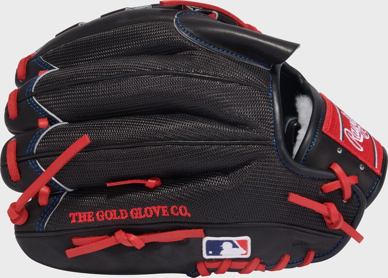 Black mesh back of a Gameday 57 Series Zack Wheeler Pro Preferred Glove with the MLB logo on the pinky