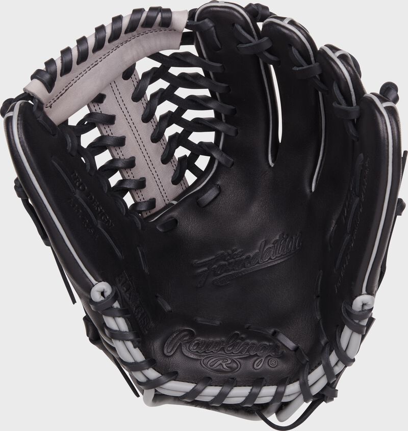 Black palm of a Rawlings Aaron Judge Foundation Series youth glove with black laces - SKU: RSGRF206-4B