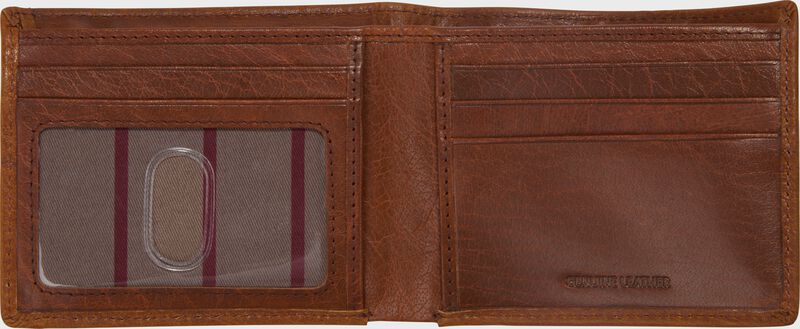 A tan Rawlings Home Run Bi-Fold wallet opened up
