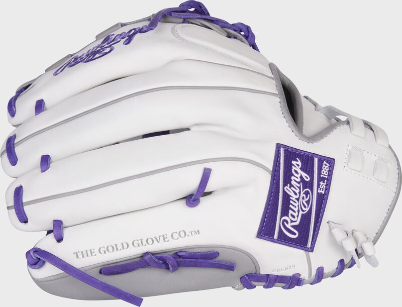 Back of a white Liberty Advanced Color Series 12.5-Inch fastpitch glove with a purple Rawlings patch - SKU: RLA125-18WPG