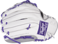 Back of a white Liberty Advanced Color Series 12.5-Inch fastpitch glove with a purple Rawlings patch - SKU: RLA125-18WPG image number null