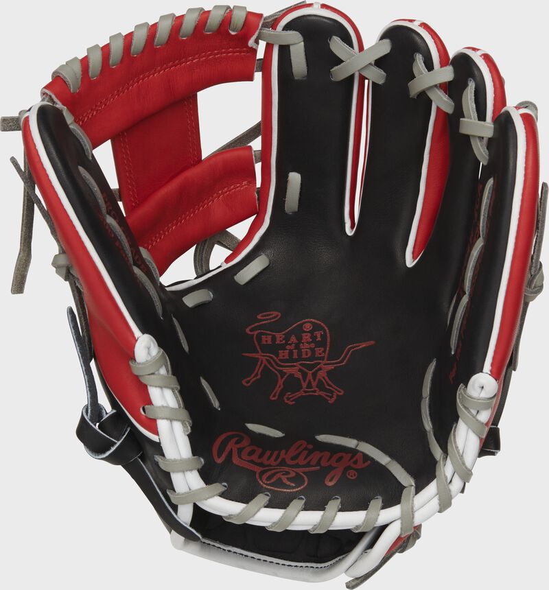 PRO204W-2CA Rawlings HOH Canada glove with a black palm, scarlet palm print and grey laces