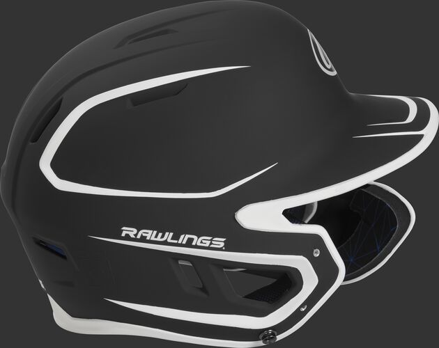 Right side of a MACHEXTR junior Rawlings batting helmet with a two-tone matte black/white shell