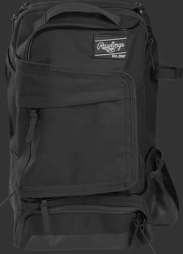 Front of a black R701 Rawlings training backpack with a locker style front pocket