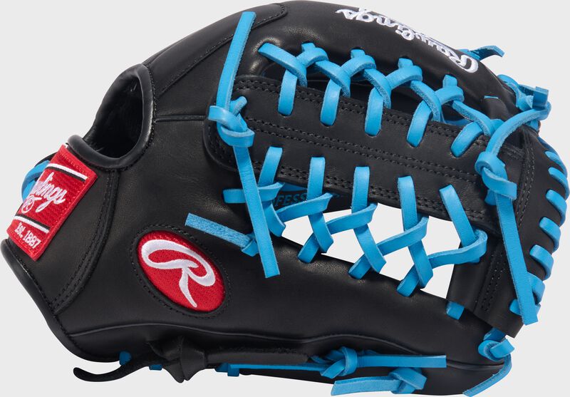 Thumb of a black Rawlings R9 ContoUR 11.5-Inch Baseball Glove with a Modified Trap-Eze web with Columbia blue laces loading=
