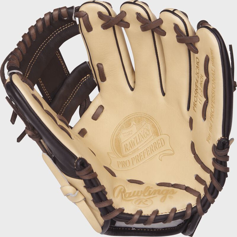 PROSNP4-2CMO 11.5-inch Rawlings baseball glove with a camel palm and chocolate brown laces