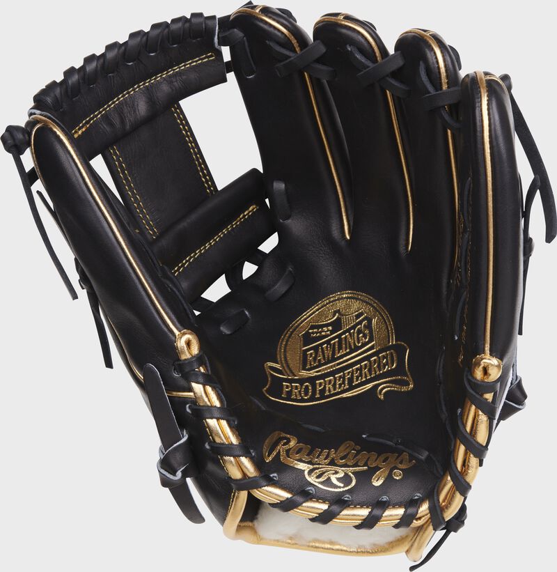 Black palm of a Rawlings JP Crawford Gameday 57 glove with black laces and gold stamping - SKU: RPROS2175-2JC