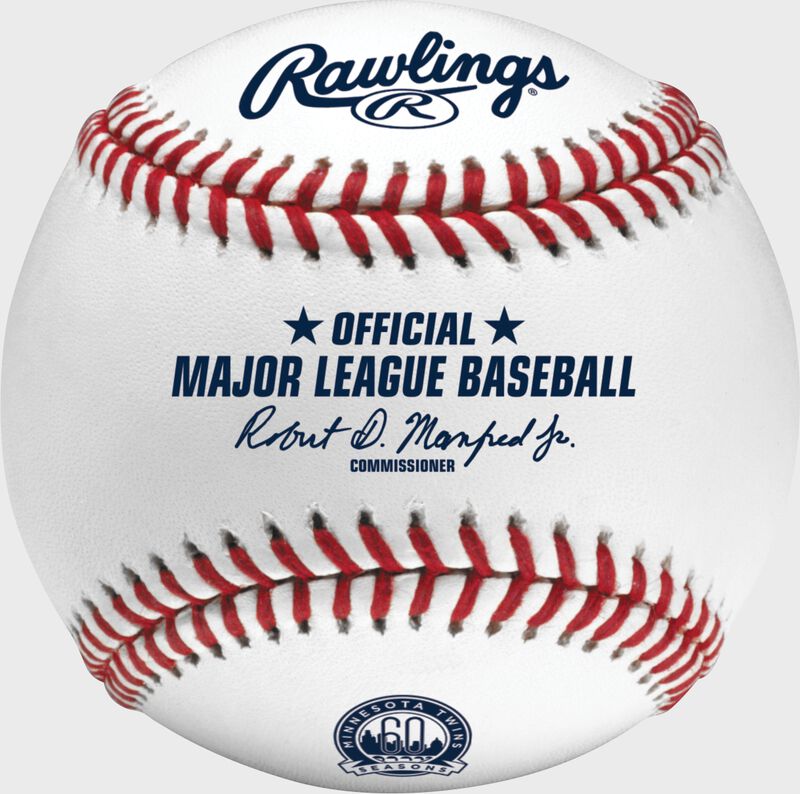 A MLB 2020 Minnesota Twins 60th Anniversary baseball with the Official Major League Baseball stamp - SKU: ROMLBMT60