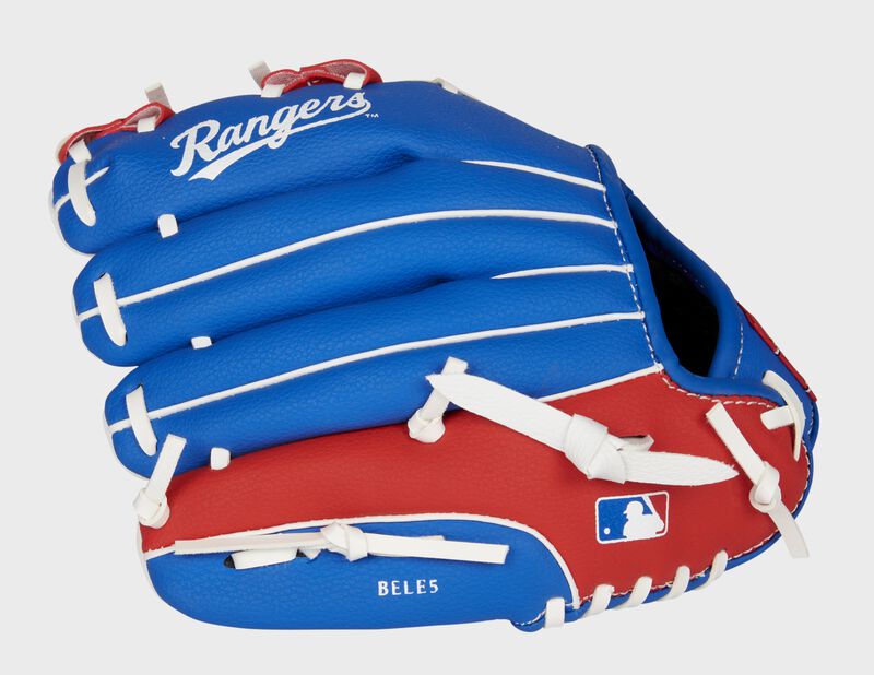 Back of a blue/red Texas Rangers 10-inch youth glove with the MLB logo on the pinky - SKU: 22000022111