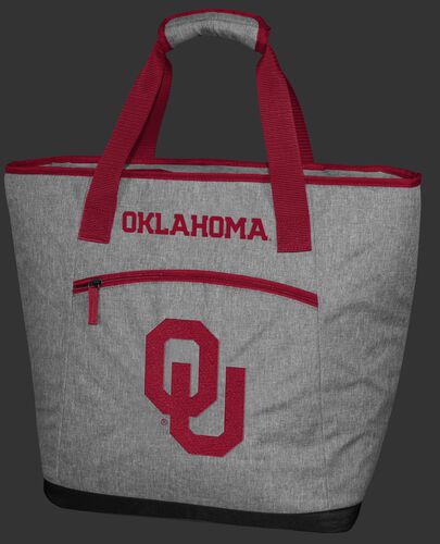 A gray Oklahoma Sooners 30 can tote cooler with an embroidered team logo on the front - SKU: 10323045111