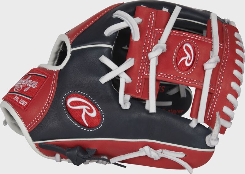 Web back view of black, red, and white 2022 Breakout 11.25-inch Youth infield glove loading=