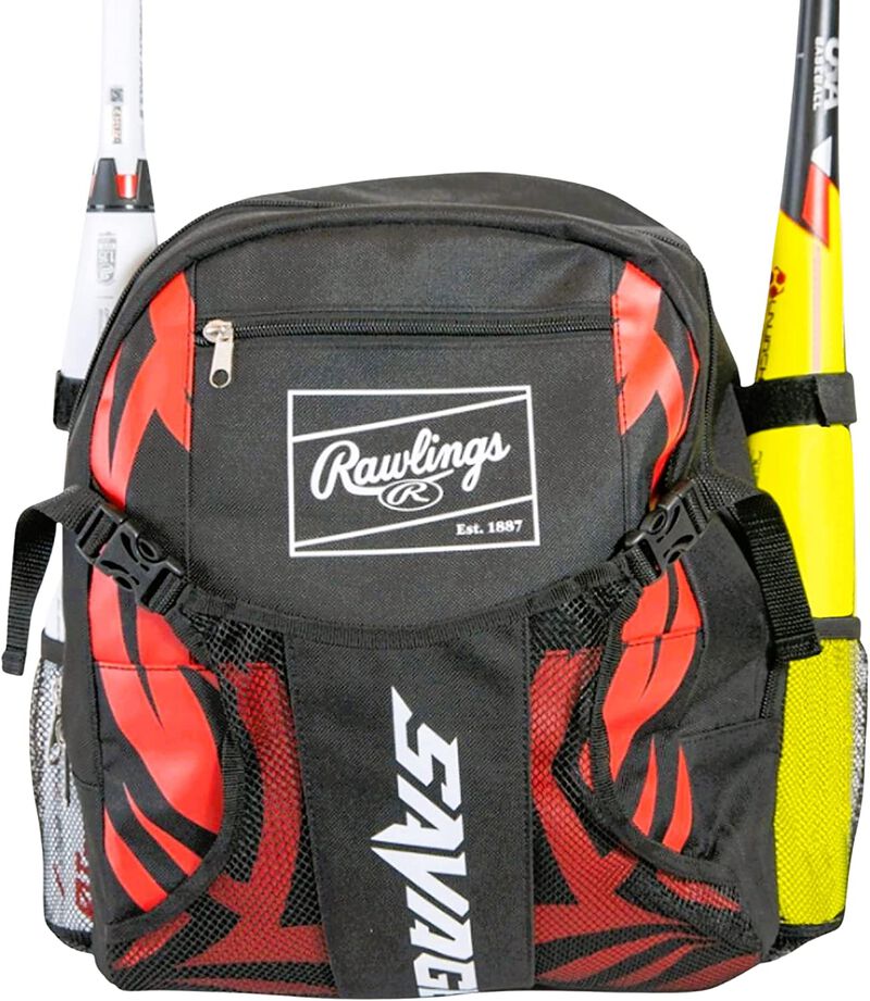 A black/scarlet Savage youth baseball backpack - SKU: GBTBBK-B/S