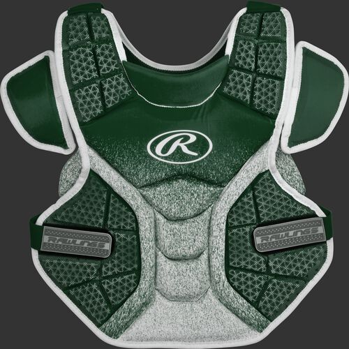 A dark green/white SBCPVI Velo intermediate softball chest protector