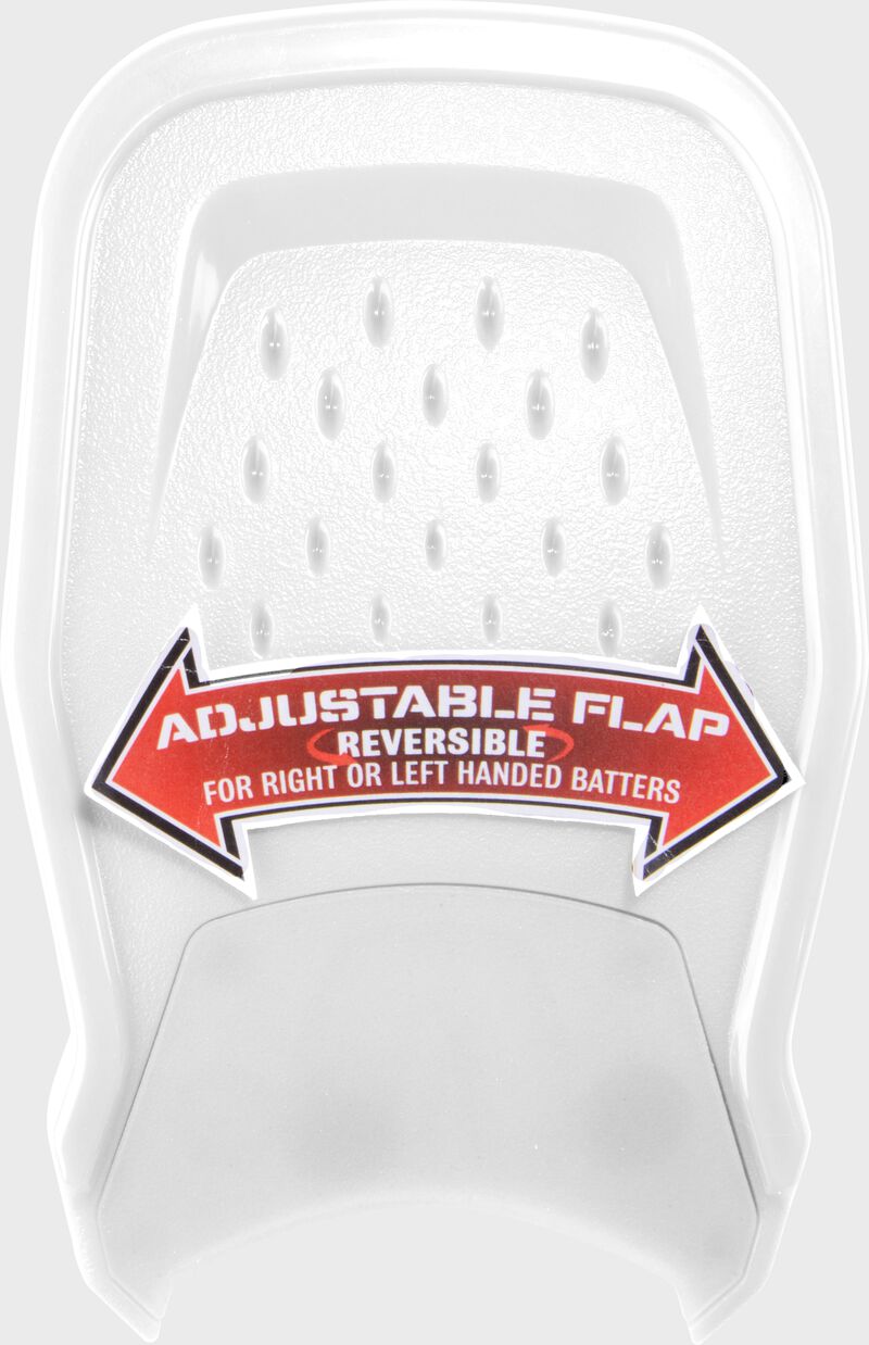 A white Rawlings RX2 Reverse adjustable batting helmet extension with a sticker showing the adjustability loading=