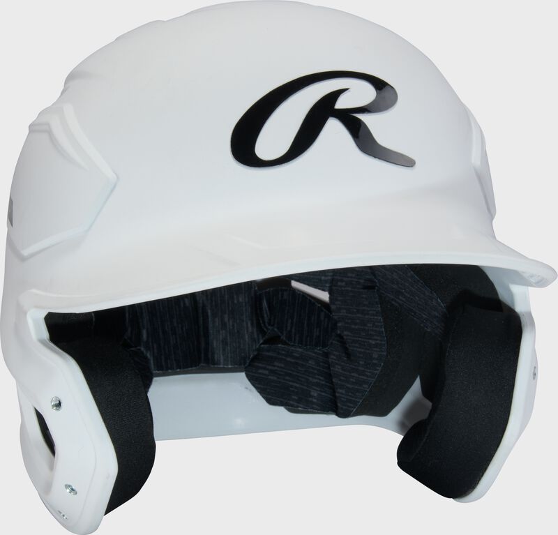 Front left of a right Rawlings Mach-X Max Performance batting helmet