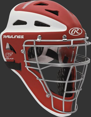 Front right of a scarlet/white CHVELY Rawlings Velo catcher's helmet