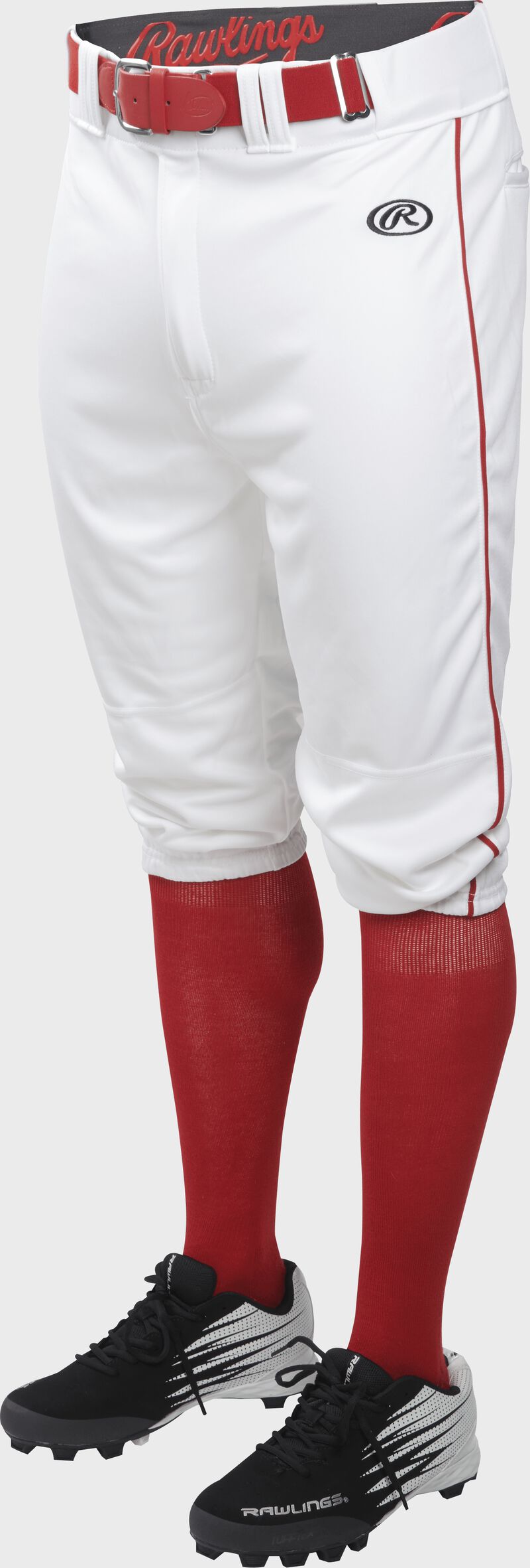 Front of Rawlings White/Scarlet Adult Launch Piped Knicker Baseball Pant - SKU #LNCHKPP-W/S