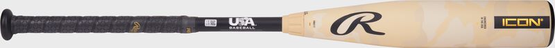 Side image of a Icon USA Baseball bat with the black handle on the left and tan barrel on the right