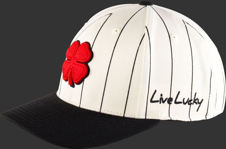 Side of a white Rawlings Black Clover Retro hat with "Live Lucky" on the side and black pinstripes - SKU: BC0R00071