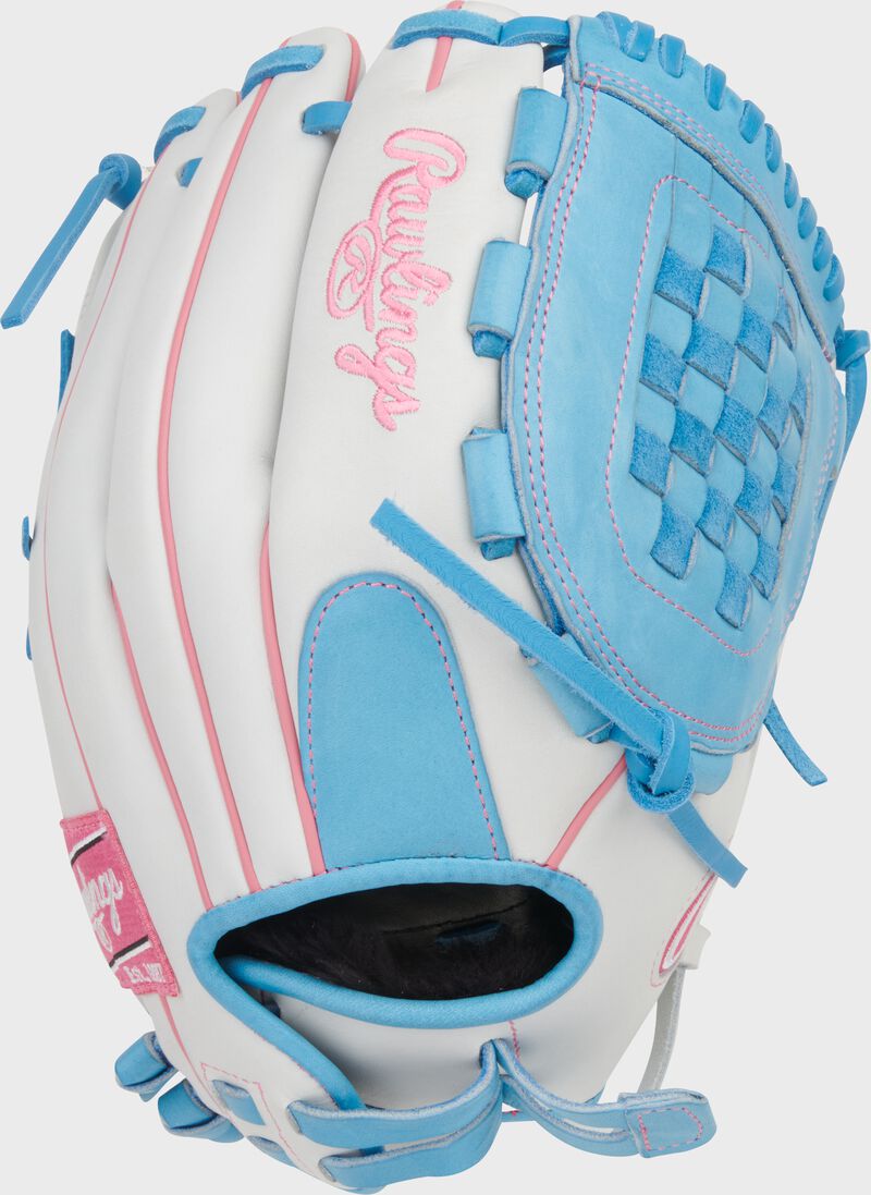 Back of a white/Columbia blueLiberty Advanced 12.5-inch Fastpitch Softball Glove loading=