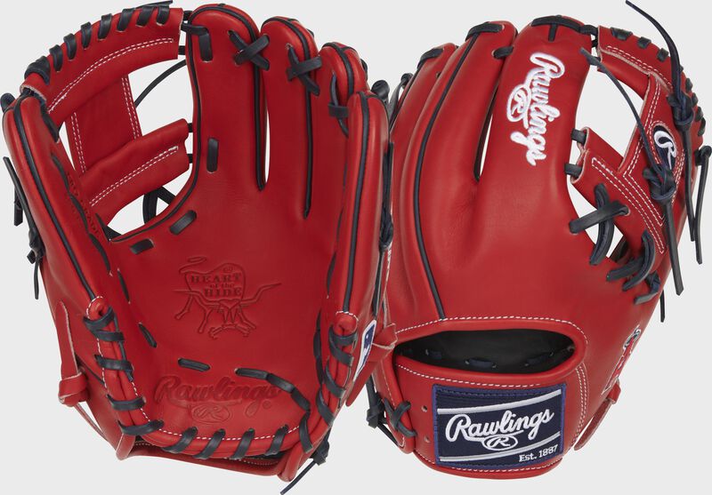 Two images showing the palm & back of a red Los Angeles Angels Heart of the Hide glove