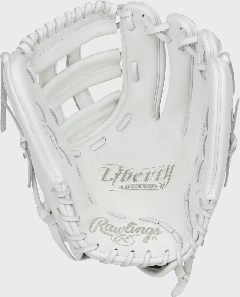 Palm of a white Rawlings Liberty Advanced softball glove with white laces - SKU: RLA207SB-6W