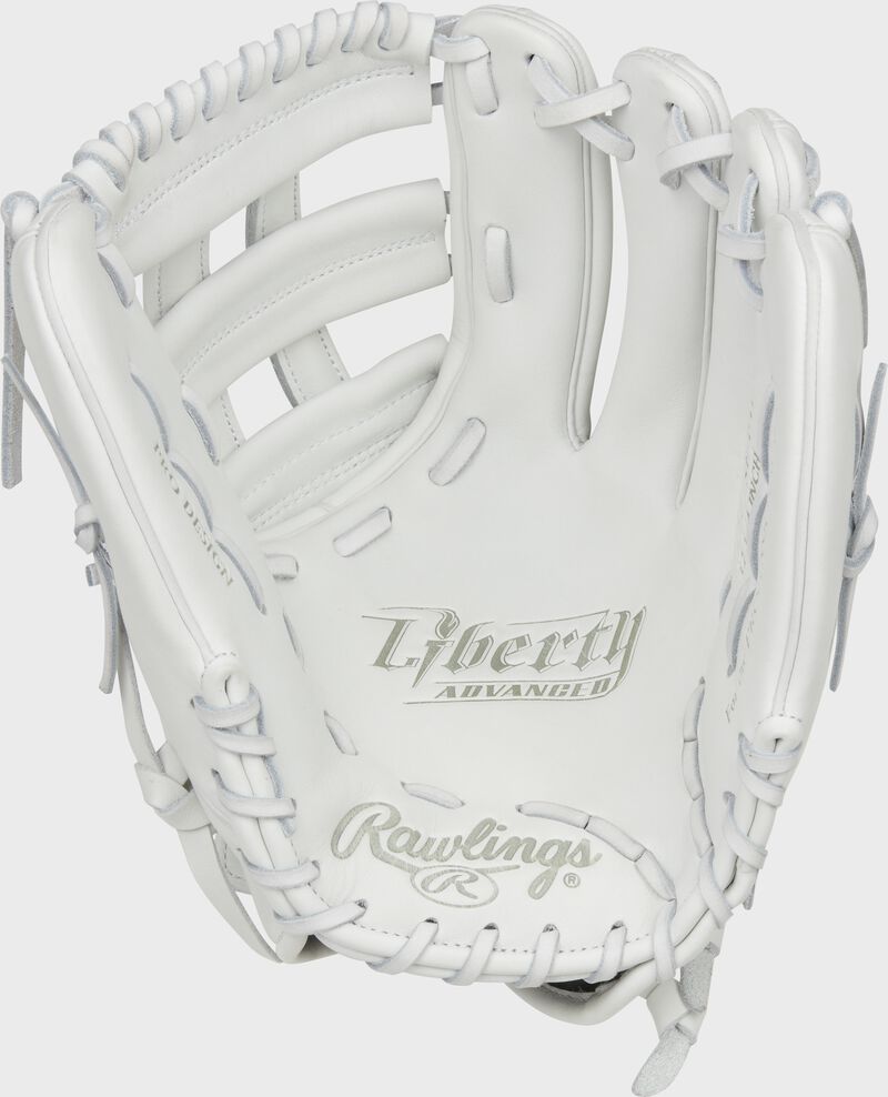 Palm of a white Rawlings Liberty Advanced softball glove with white laces - SKU: RLA207SB-6W loading=
