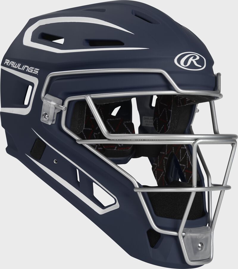 Front right of a navy Velo 2.0 catcher's helmet