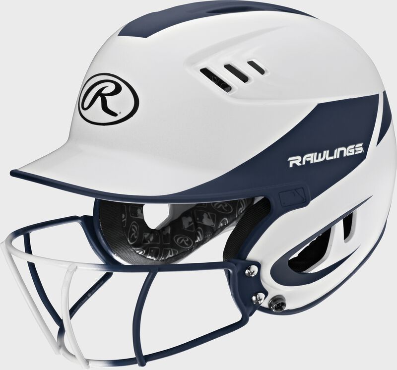 A white/navy R16H2FGS Velo junior batting helmet with a white/navy facemask